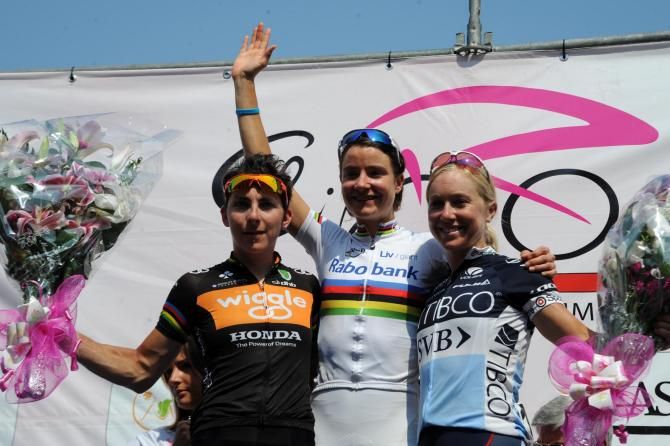 Giro Rosa Stage 7 podium: Giorgia Bronzini (Wiggle Honda), Marianne Vos (Rabobank LivGiant) and Shelley Olds (Tibco to the Top)