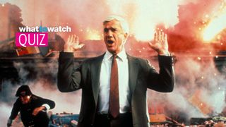 Leslie Nielsen in The Naked Gun with What to Watch quiz logo imposed in top right corner