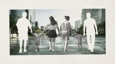 Photo collage of two families walking down a street in China. The mothers are holding hands, and the fathers have been cut out of the picture.