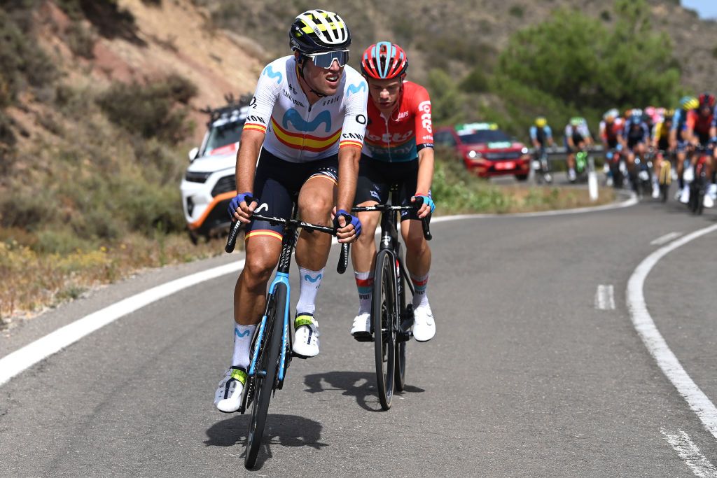 OBSERVATORIO ASTROFSICO DE JAVALAMBRE SPAIN AUGUST 31 LR Oier Lazkano Lopez of Spain and Movistar Team and Andreas Kron of Denmark and Team Lotto Dstny compete in the breakaway during the 78th Tour of Spain 2023 Stage 6 a 1831km stage from La Vall dUix to Observatorio Astrofsico de Javalambre 1947m UCIWT on August 31 2023 in Observatorio Astrofsico de Javalambre Pico del Buitre Spain Photo by Tim de WaeleGetty Images