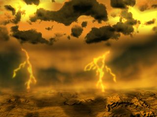An artist's impression of lightning streaking toward the ultra-hot and utterly desiccated surface of Venus. The planet, Earth-like in mass and size, likely lost its primordial water through a runaway greenhouse effect.