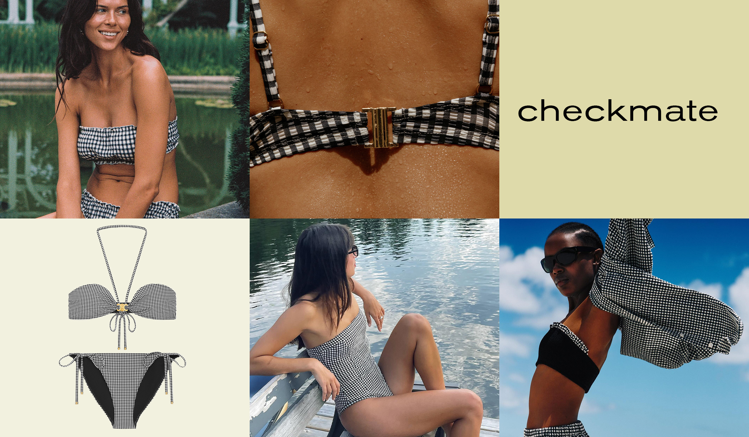 Collage of women wearing gingham swimwear.