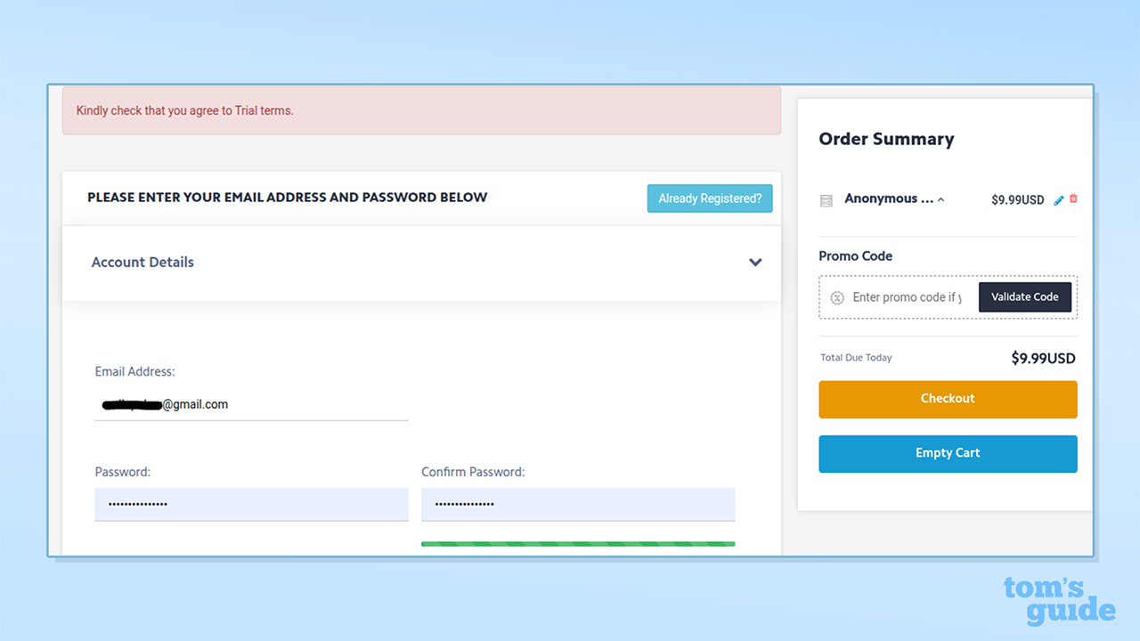 A tester being unable to sign up for a free trial
