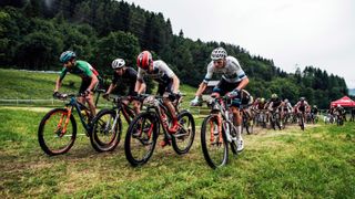 Mountain bikers in a cross-country race