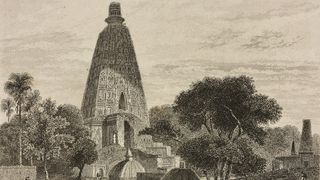 an engraving of a tall temple surrounded by trees