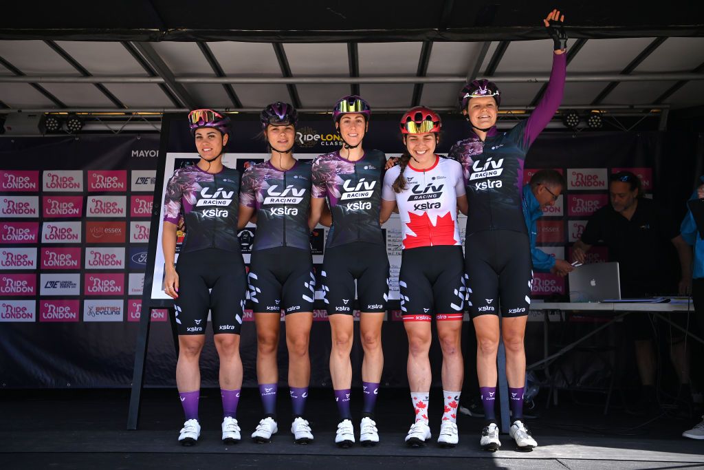 MALDON ENGLAND MAY 27 Rachele Barbieri of Italy Alison Jackson of Canada Amber Van Der Hulst of Netherlands Jeanne Korevaar of Netherlands Quinty Ton of Netherlands and Team Liv Racing Xstraduring the team presentation prior to the 5th RideLondon Classique 2022 Stage 1 a 1365km stage from Maldon to Maldon RideLondon UCIWWT on May 27 2022 in Maldon England Photo by Justin SetterfieldGetty Images