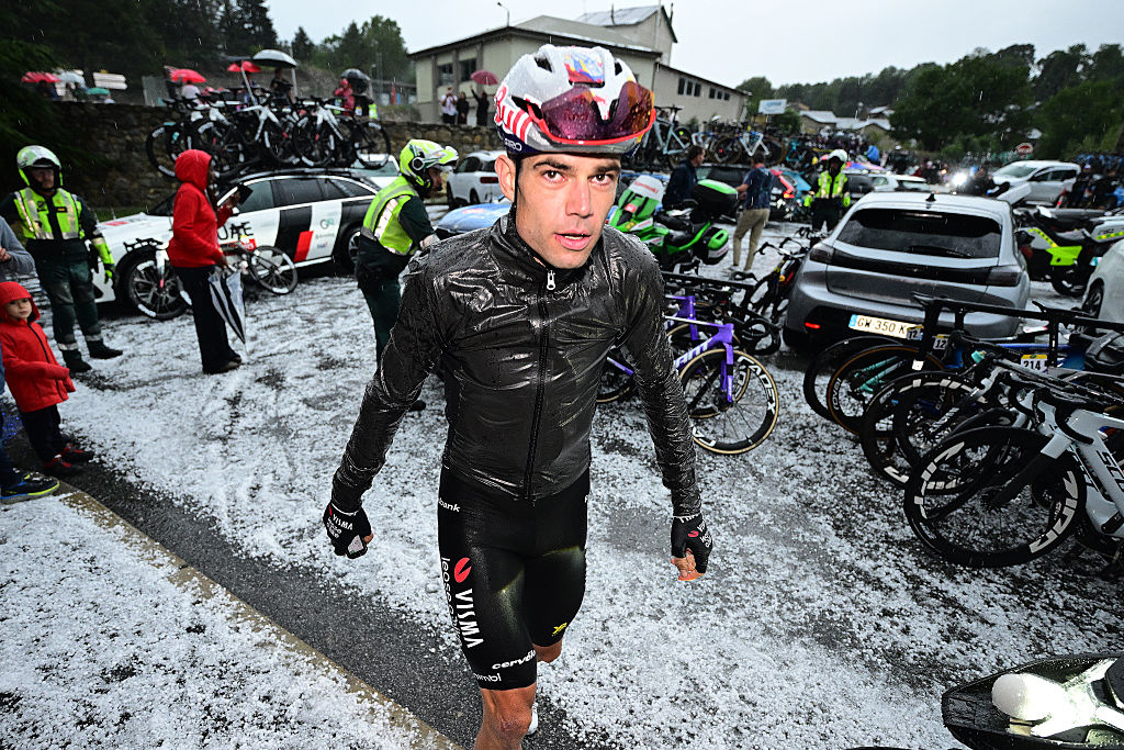 FONT-ROMEU, FRANCE - AUGUST 24: Wout Van Aert of Belgium and Team Visma | Lease a Bike reacts after the La Vuelta - 81st Tour of Spain 2026, Stage 3 a 174km from Gruissan - Aude to Font Romeu 1941m / The stage is cancelled due to extreme weather conditions / #UCIWT / on August 24, 2026 in Font Romeu, France. (Photo by Tim de Waele/Getty Images)