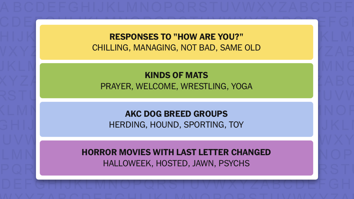 NYT Connections answers for game 1233 on a purple background