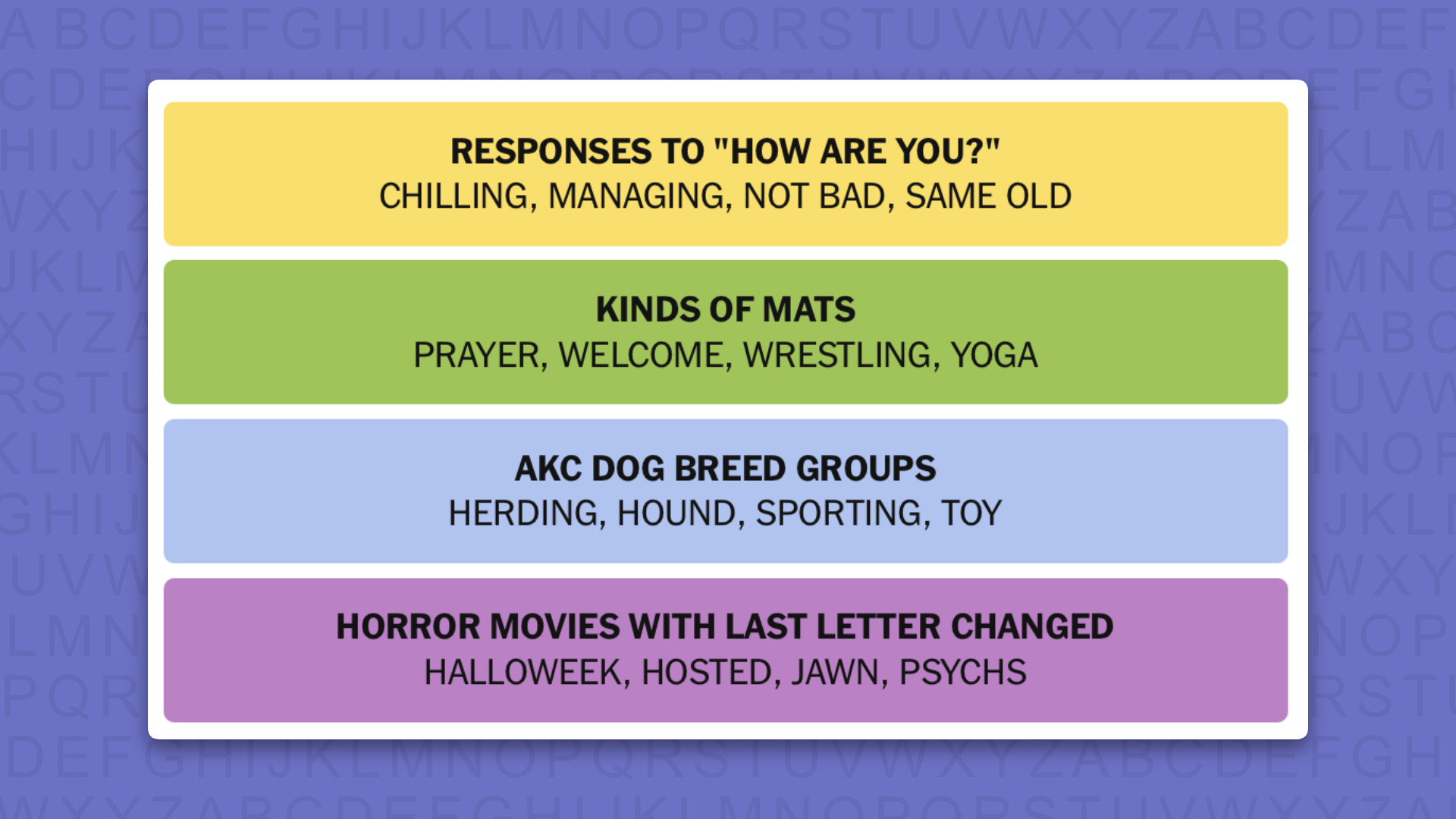 NYT Connections answers for game 1233 on a purple background