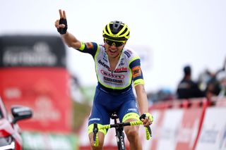 ESPINOSA DE LOS MONTEROS SPAIN AUGUST 16 Rein Taaramae of Estonia and Team Intermarch Wanty Gobert Matriaux celebrates winning during the 76th Tour of Spain 2021 Stage 3 a 2028km stage from Santo Domingo de Silos to Espinosa de los Monteros Picn Blanco 1485m lavuelta LaVuelta21 CapitalMundialdelCiclismo on August 16 2021 in Espinosa de los Monteros Spain Photo by Stuart FranklinGetty Images