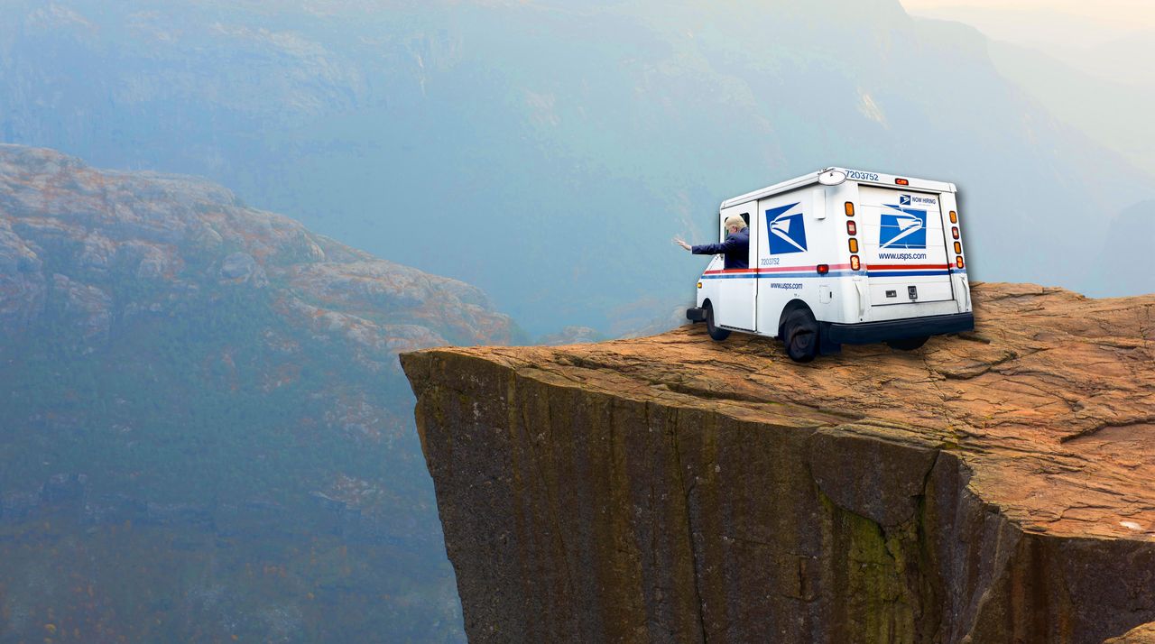 Trump drives a post office truck over a cliff.