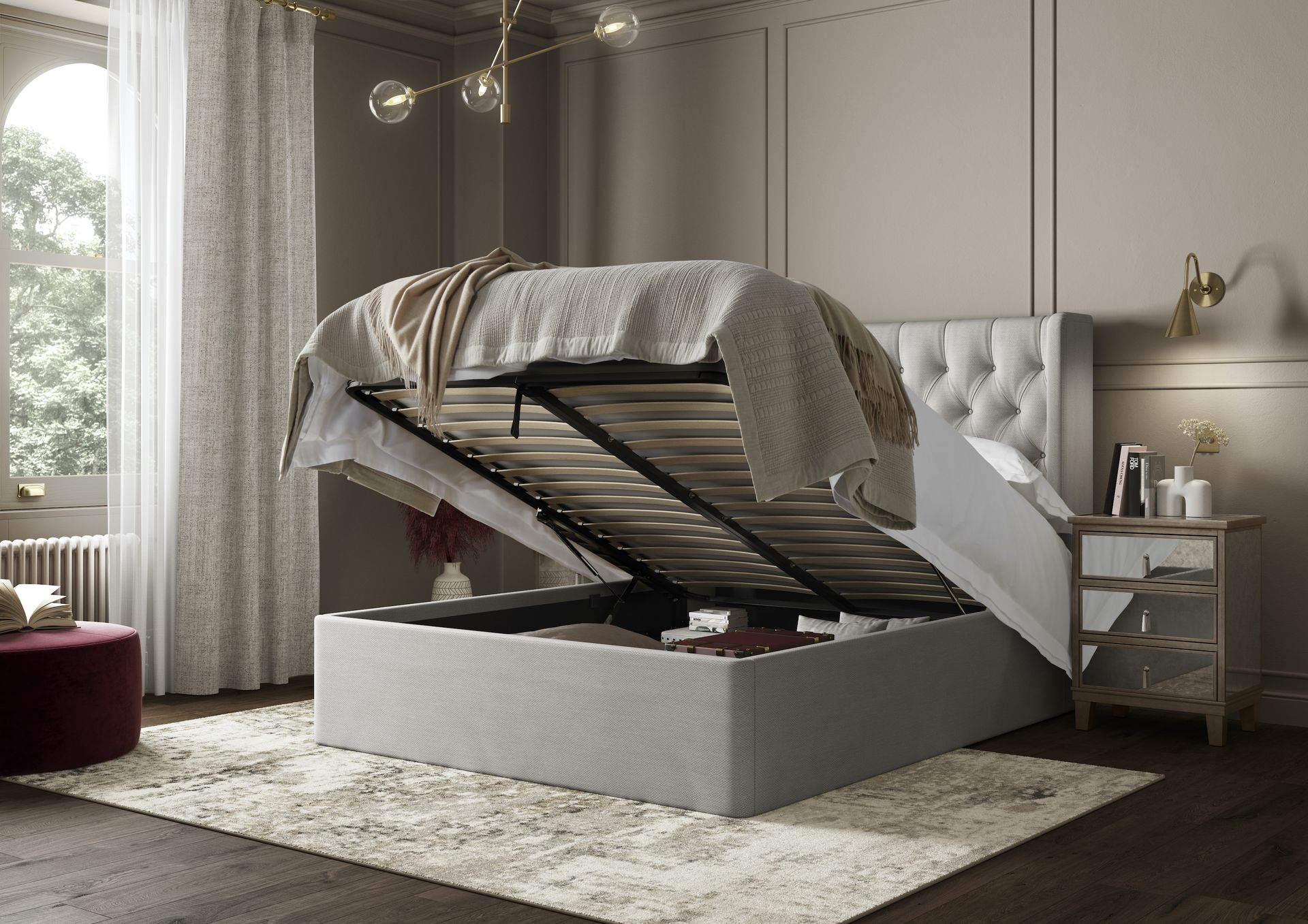 ottoman bed open showing storage inside