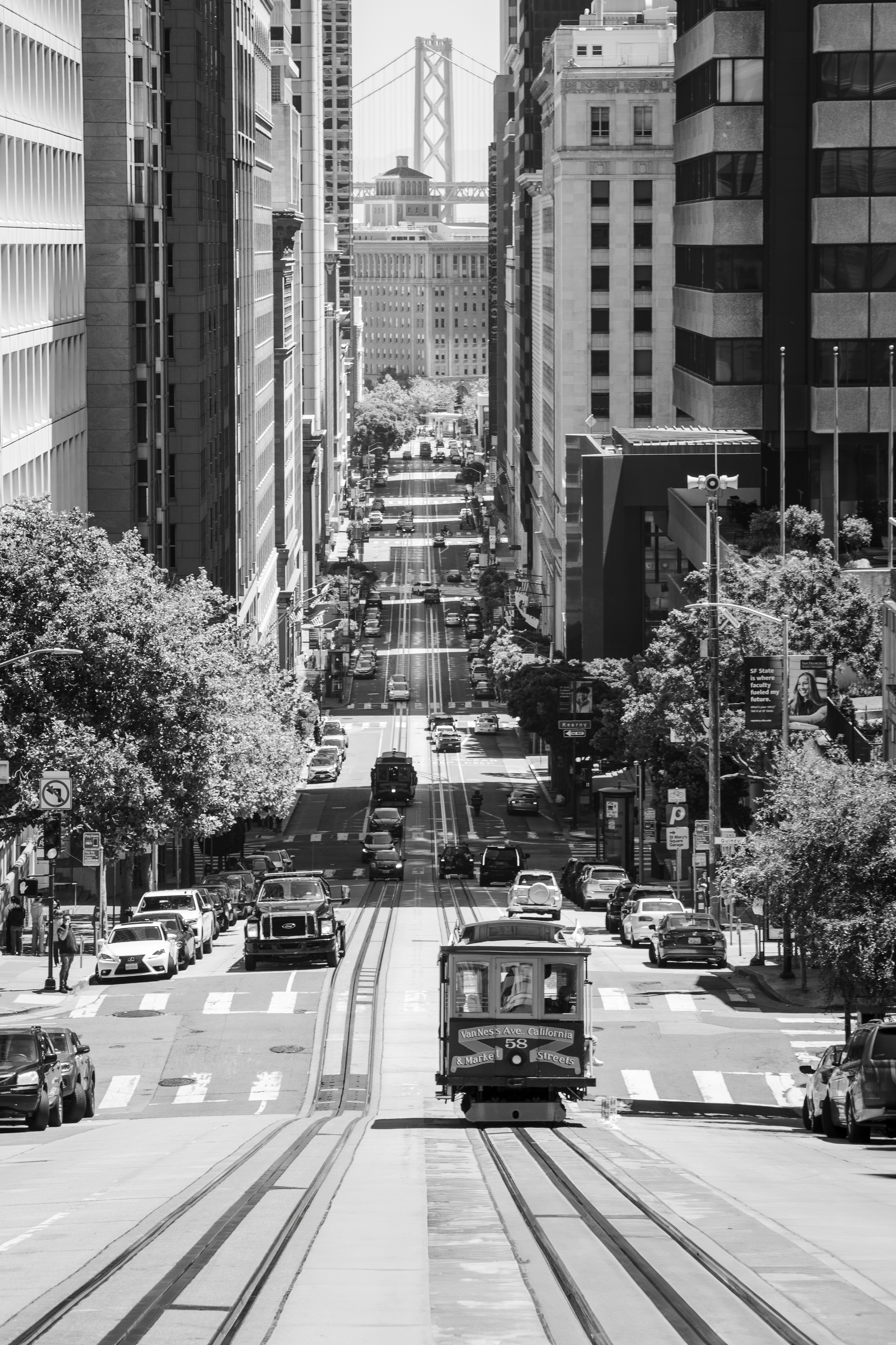 Black and white image of steep street in San Francisco