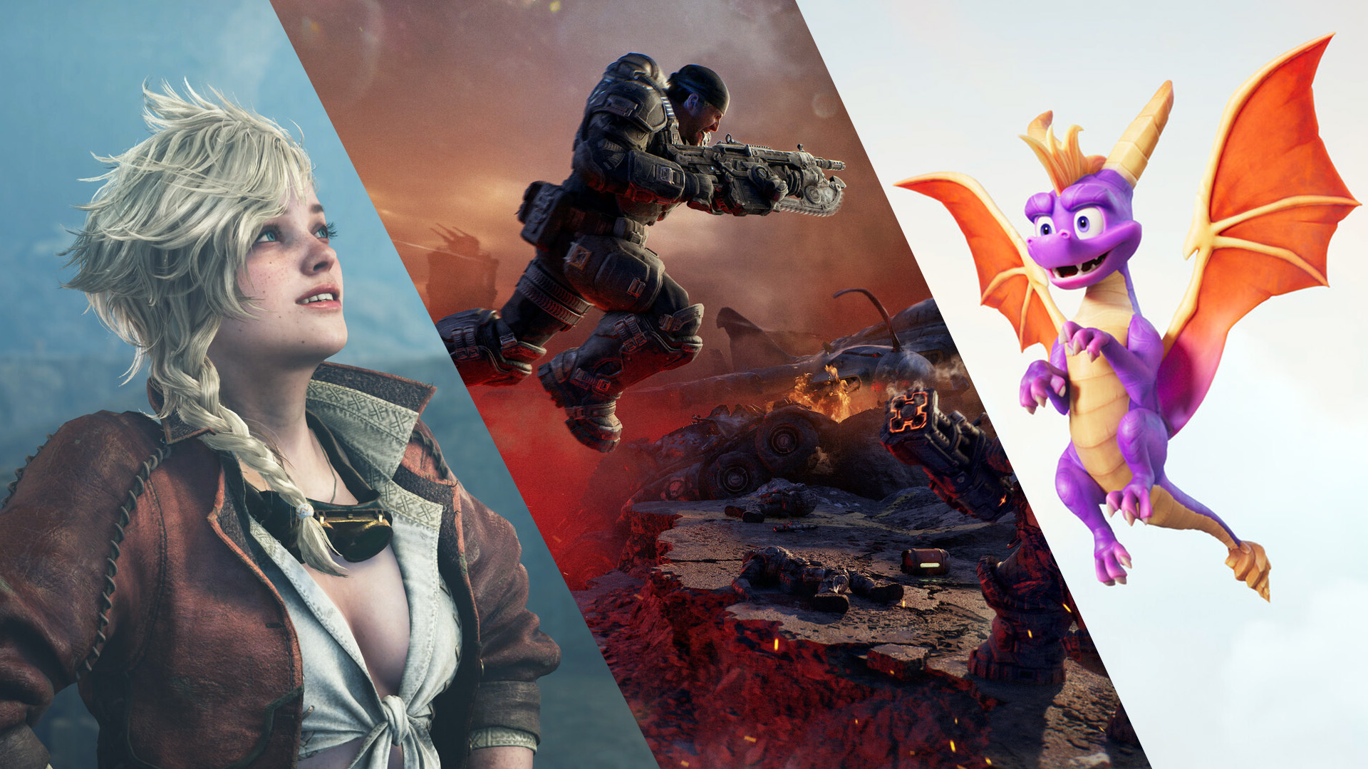 Collage of Monster Hunter Wilds, Gears of War: E‑Day, and Spyro: A Realm Beyond.