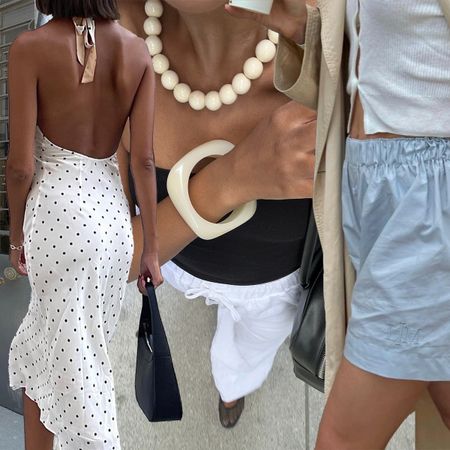 @deborabrosa wearing Bermuda shorts and halter top; @salome.mory wearing a polka dot dress; @ingridedvinsen wearing white linen trousers and a tube top; @meganadelaide wearing boxer-style shorts