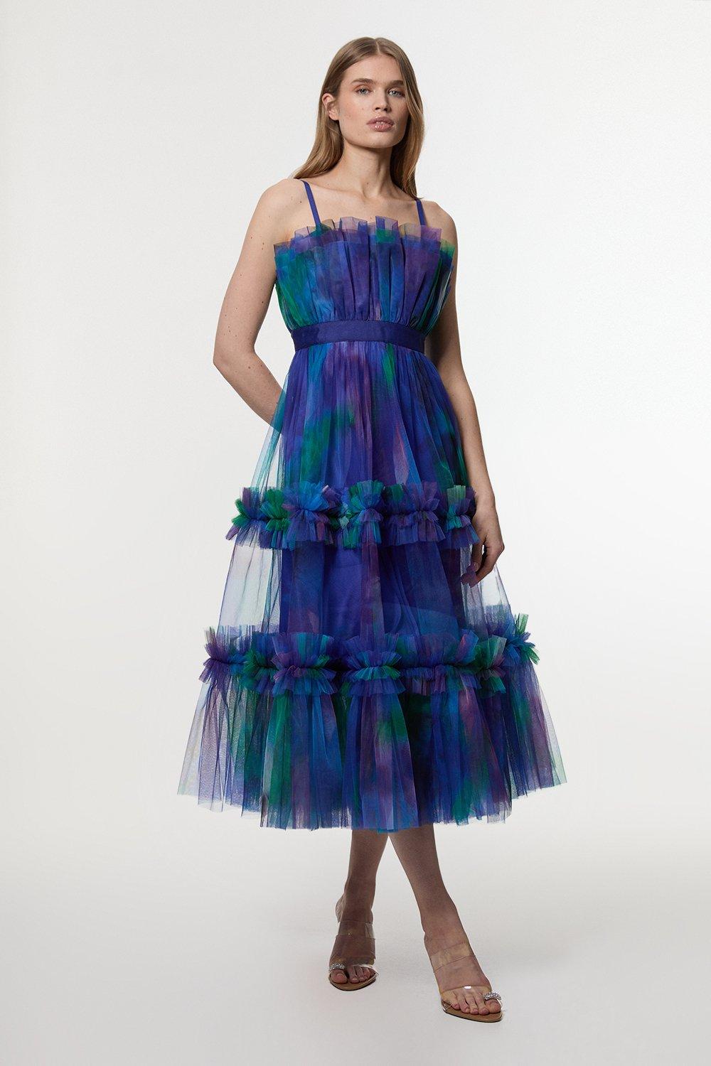 Dark Floral Tulle Bandeau Tiered Midi Woven Dress