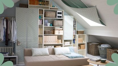 Organizied loft area with a wall storage unit with neatly stacked boxes to show how to declutter your loft