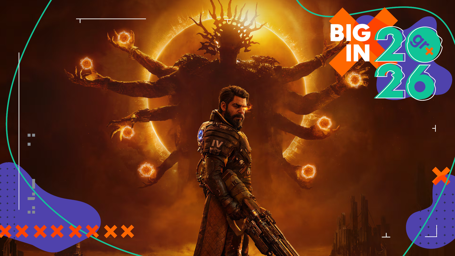 Key art for Saros showing Soltari Enforcer Arjun Devraj holding a gun with is eye glowing, in front of a larger figure with many arms, with the GamesRadar+ frame for Big in 2026