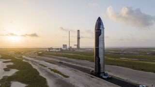 SpaceX's Starship prototype Ship 24 rolls to the launch pad at the company's Starbase facility in South Texas. SpaceX shared this photo on Twitter on July 6, 2022.