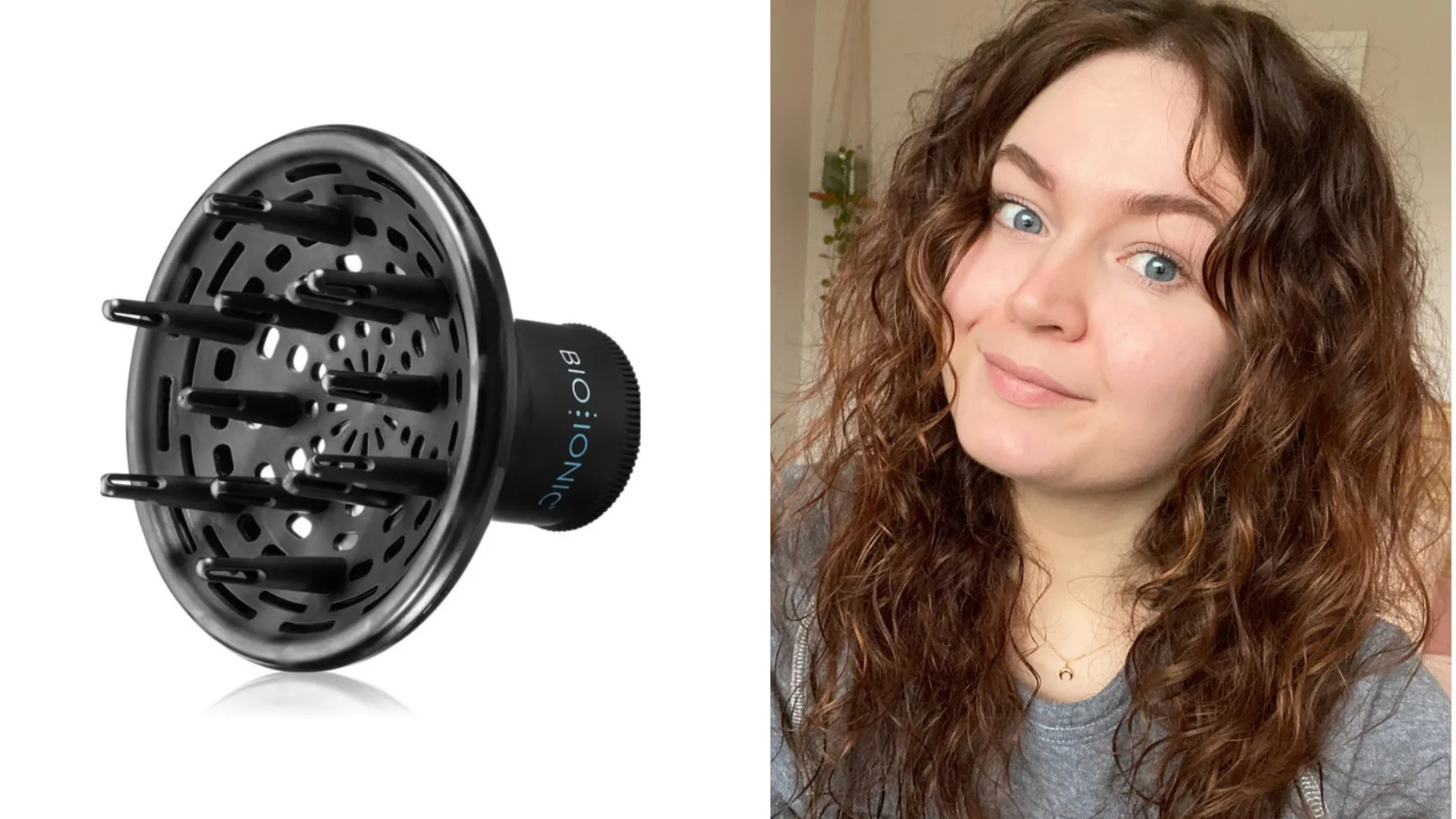 The Bio:Ionic diffuser (left) and Lucy&#039;s hair after using the tool (right)