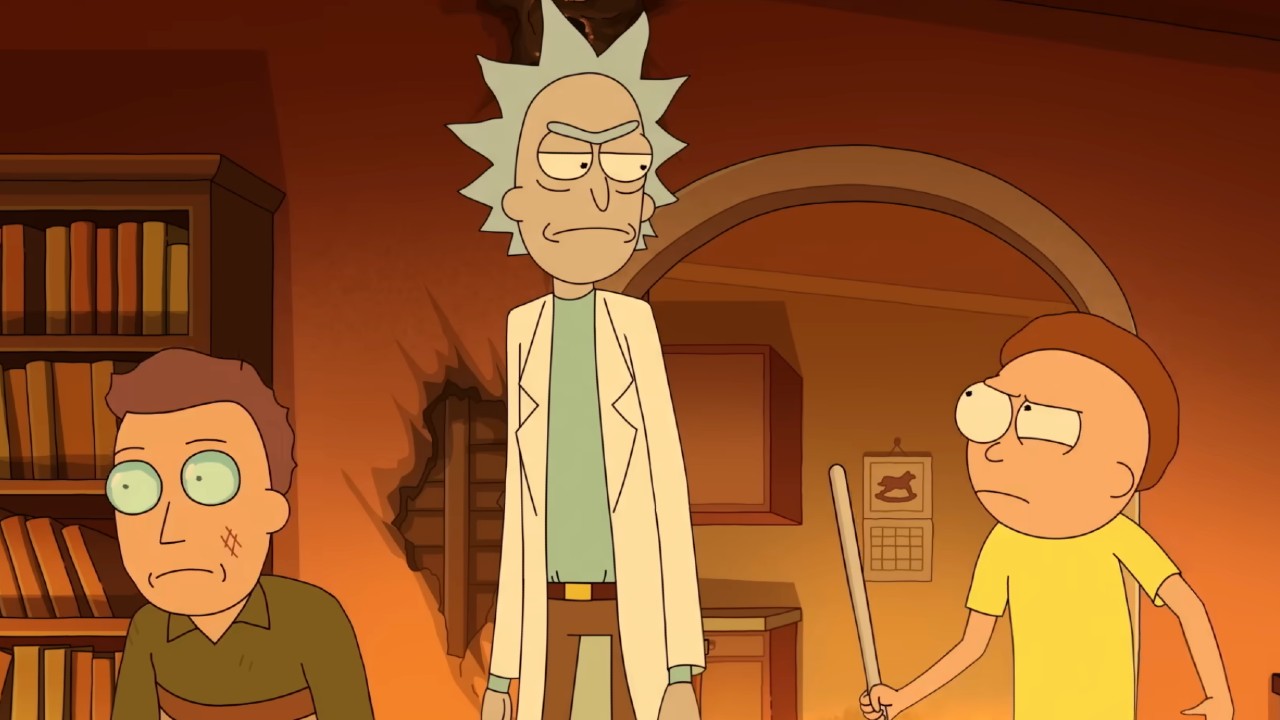 Jerry and Rick and Morty as the house is in disarray.
