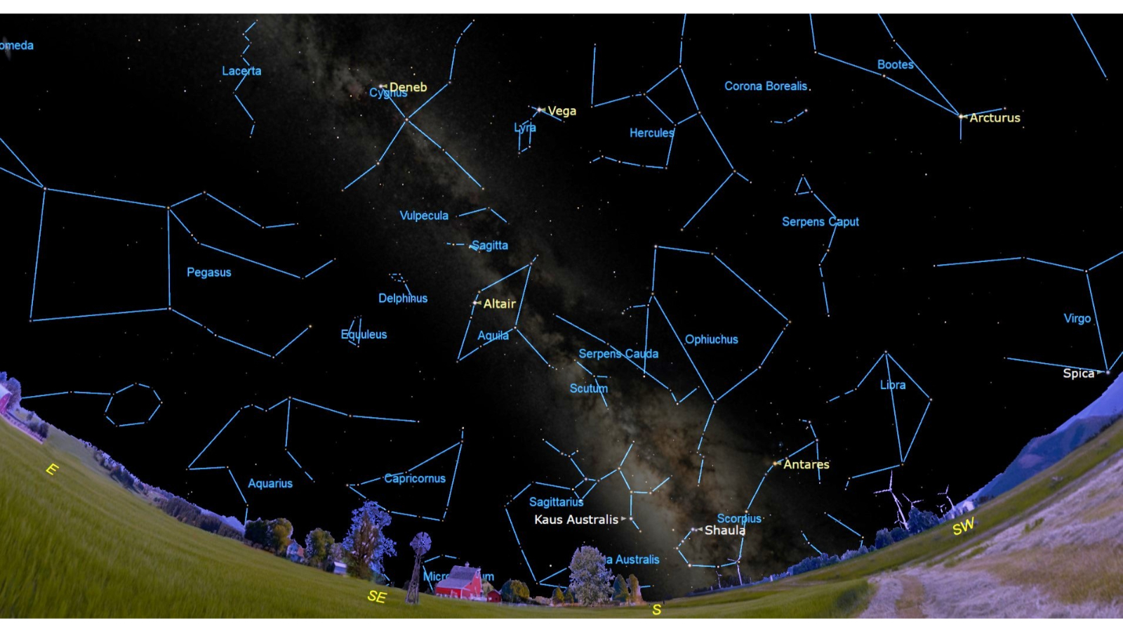 A wide-field view of the southeastern night sky shows constellations and labeled stars above a rural landscape. The Milky Way arcs through the sky, and the Summer Triangle asterism—formed by the bright stars Vega (Lyra), Deneb (Cygnus), and Altair (Aquila)—is prominently positioned high in the east-southeast.