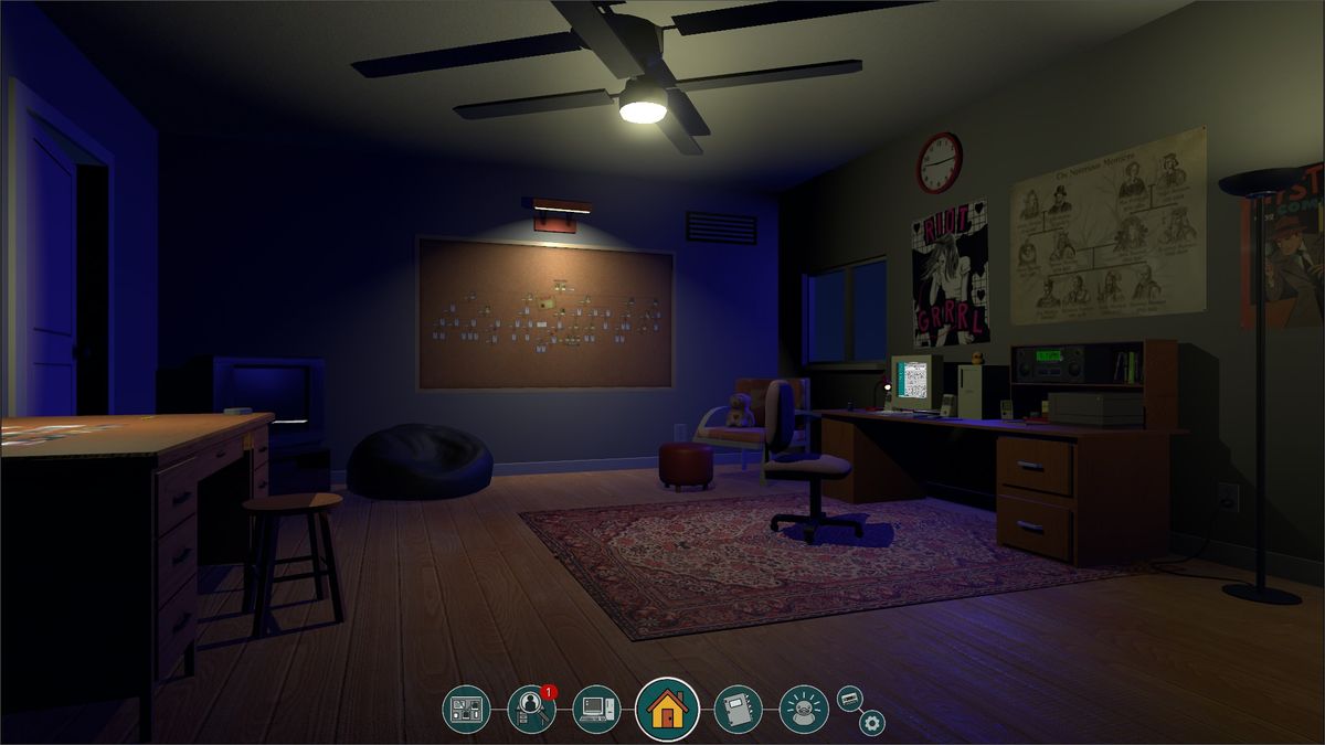 view of The Roottrees are Dead's 3D interior detective hideout in which the game takes place.