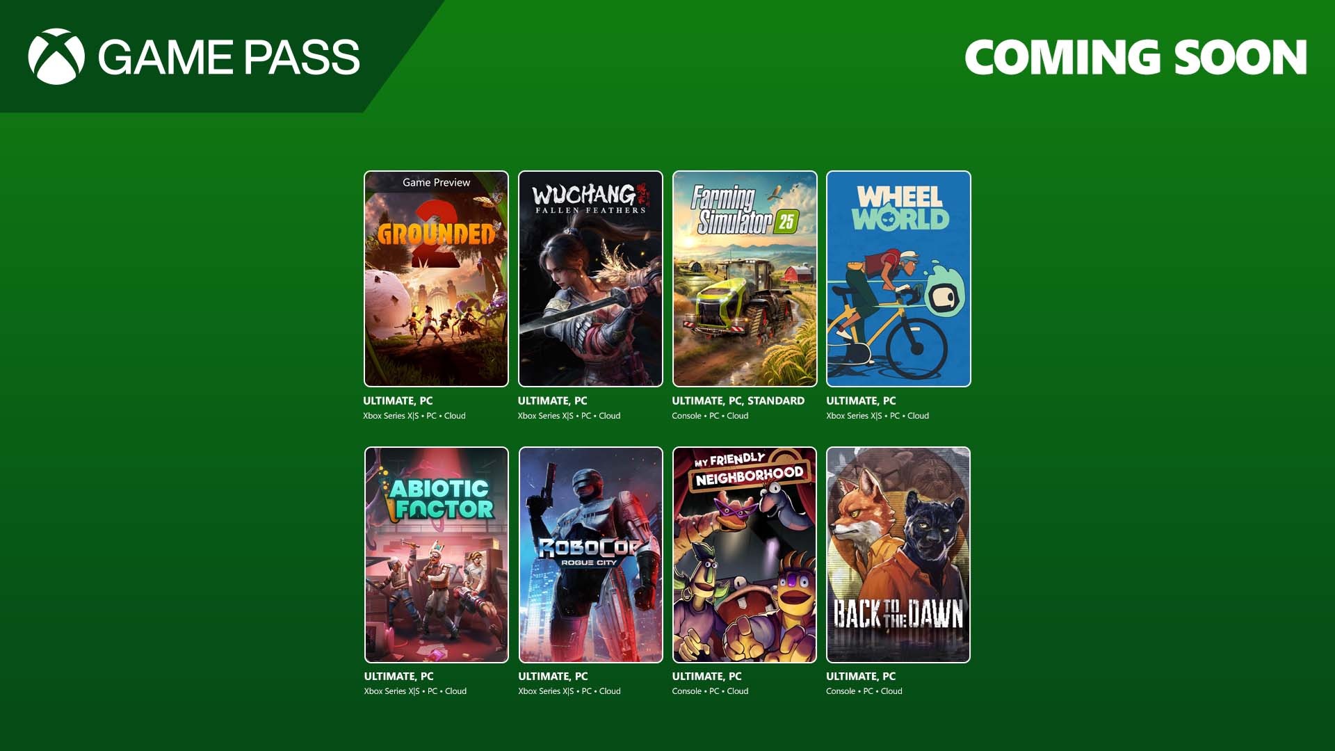 Games coming to Xbox Game Pass, including Grounded 2 and Wuchang: Fallen Feathers.