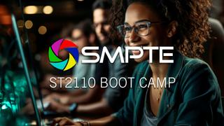 SMPTE ST2110 boot camp type over image of a smiling woman
