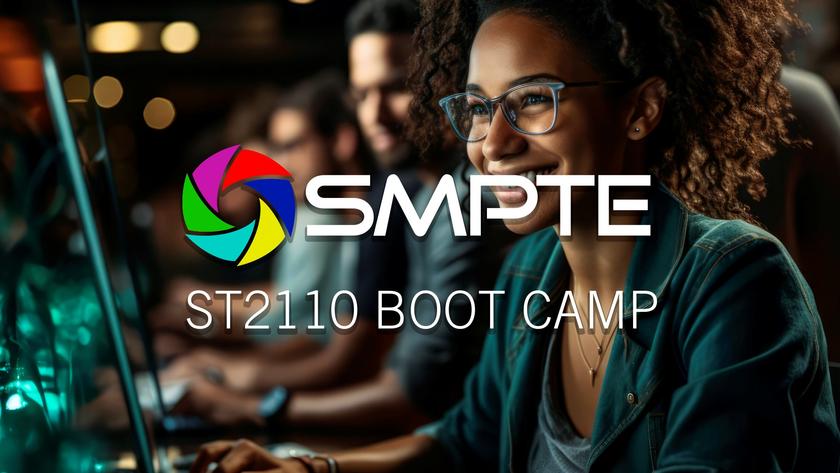 SMPTE ST2110 boot camp type over image of a smiling woman 