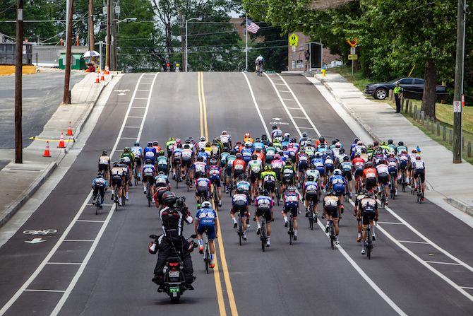 Riders get off the front of the main field during the US Pro Road Race National Championships on June 24, 2018 in Knoxville, Tennessee