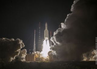 An Ariane 5 rocket launches the European-Japanese BepiColombo mission to Mercury from Europe's Spaceport at the Guiana Space Center in Kourou, French Guiana on Oct. 19, 2018.