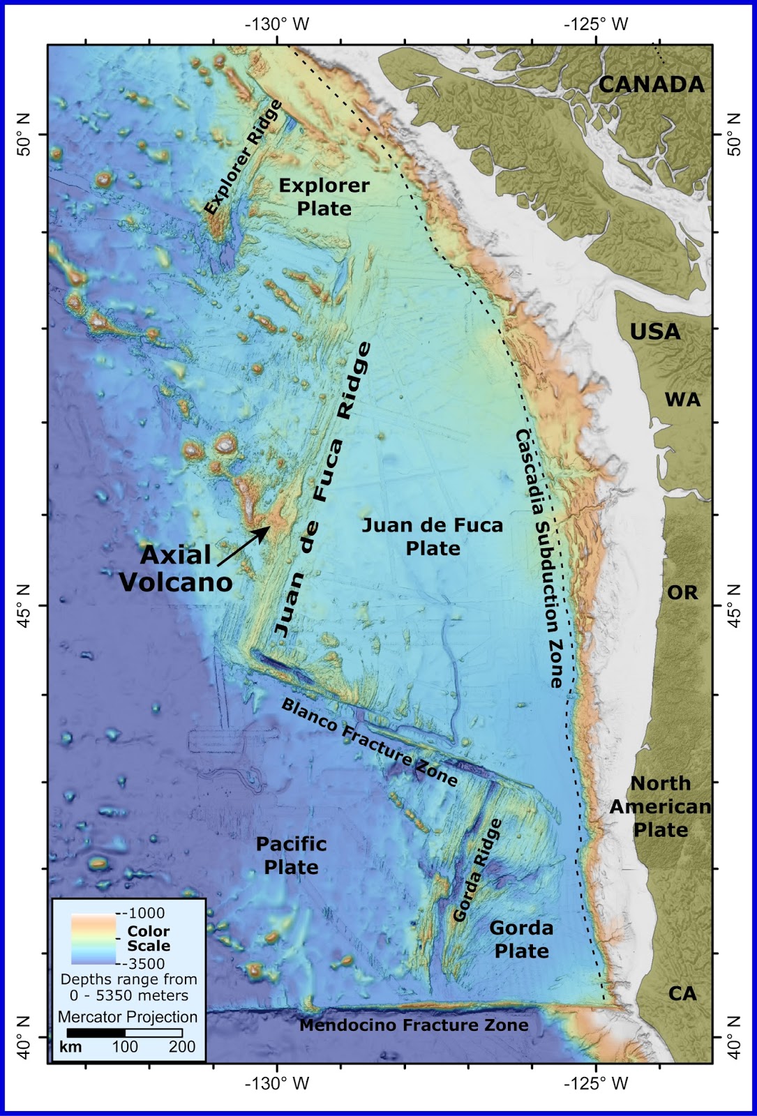 Map of the Juan de Fuca Ridge and Axial Seamount off the U.S. Northwest Pacific coast.
