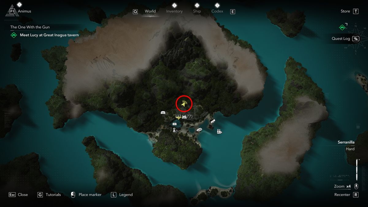 Black Flag treasure maps: A screenshot of the map with a red circle showing the location of the buried treasure chest in Misteriosa.