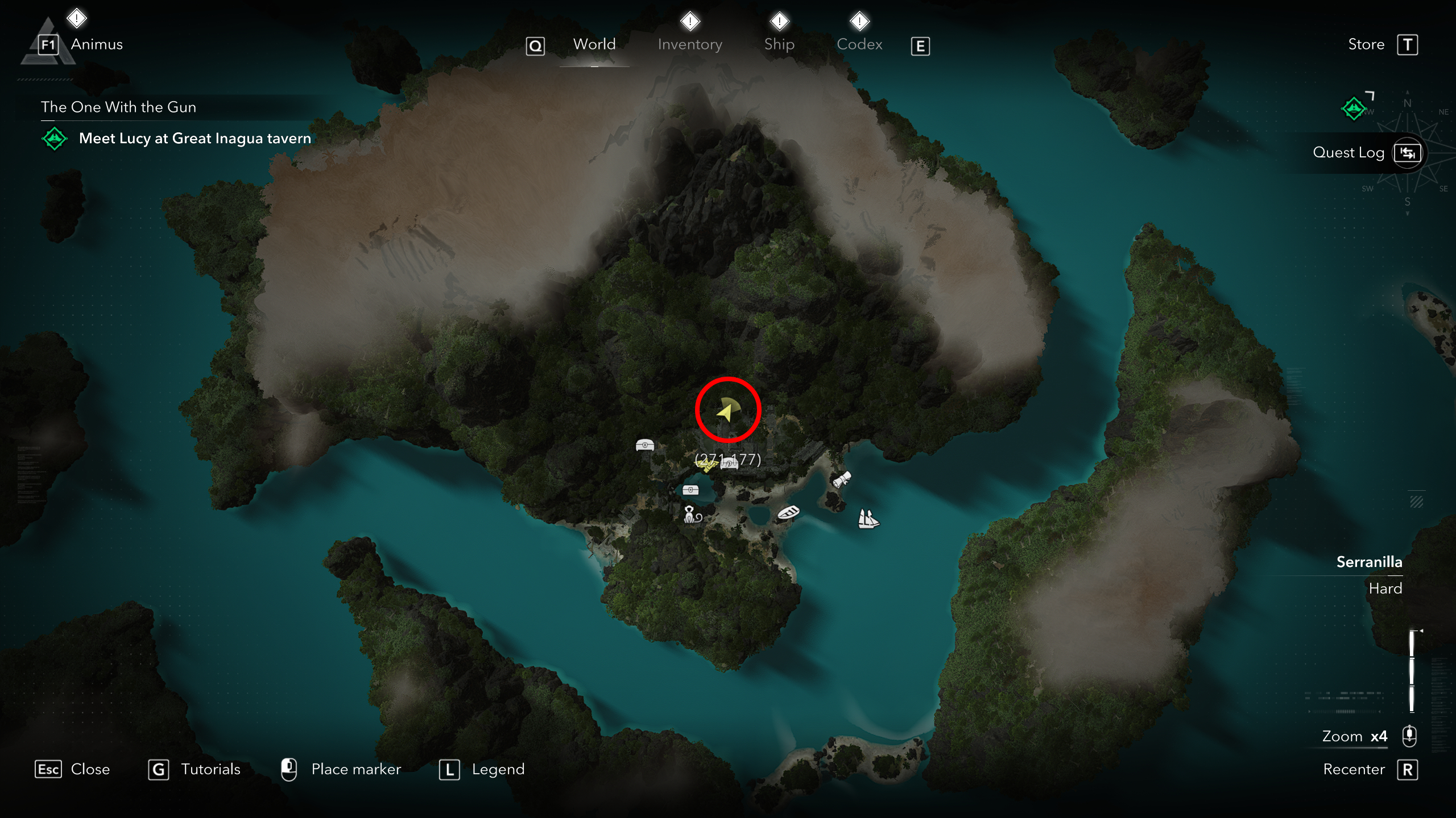 Black Flag treasure maps: A screenshot of the map with a red circle showing the location of the buried treasure chest in Misteriosa.