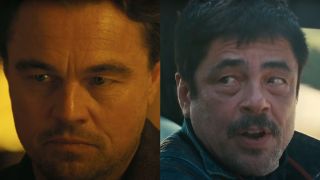 Leonardo DiCaprio and Benicio del Toro in separate closeups in One Battle After Another.