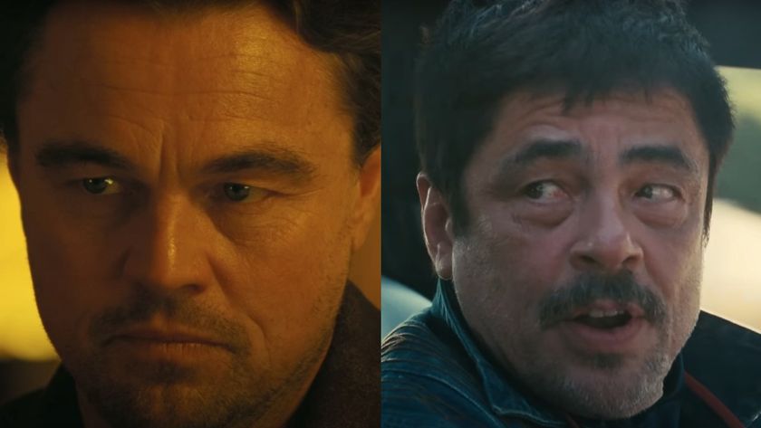 Leonardo DiCaprio and Benicio del Toro in separate closeups in One Battle After Another.