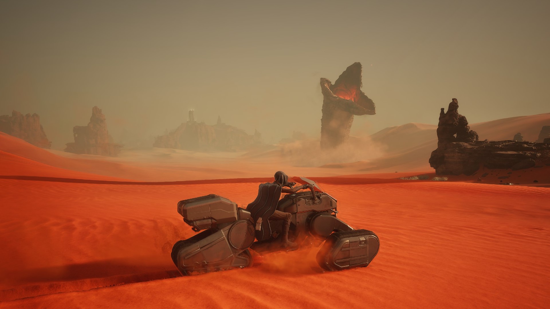 Screenshot in Dune: Awakening of the player running from a sandworm.