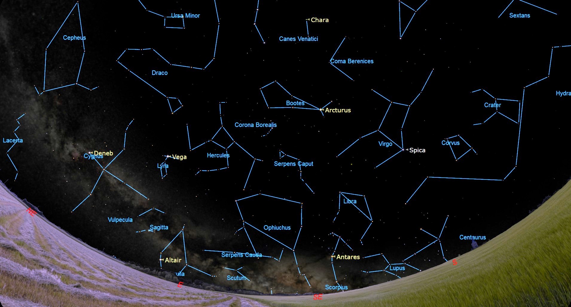 night sky map graphic showing the location of the summer triangle in the May sky.
