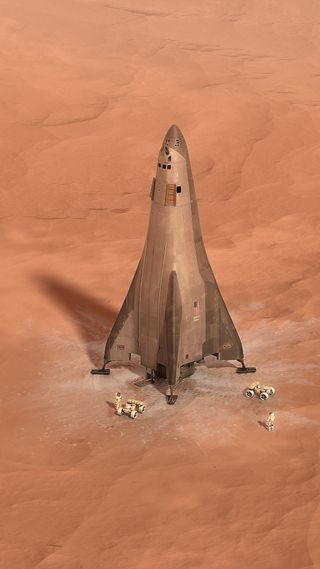 The Mars Ascent/Descent Vehicle (MADV), shown in this artist's illustration, is part of Lockheed Martin's Mars Base Camp architecture.