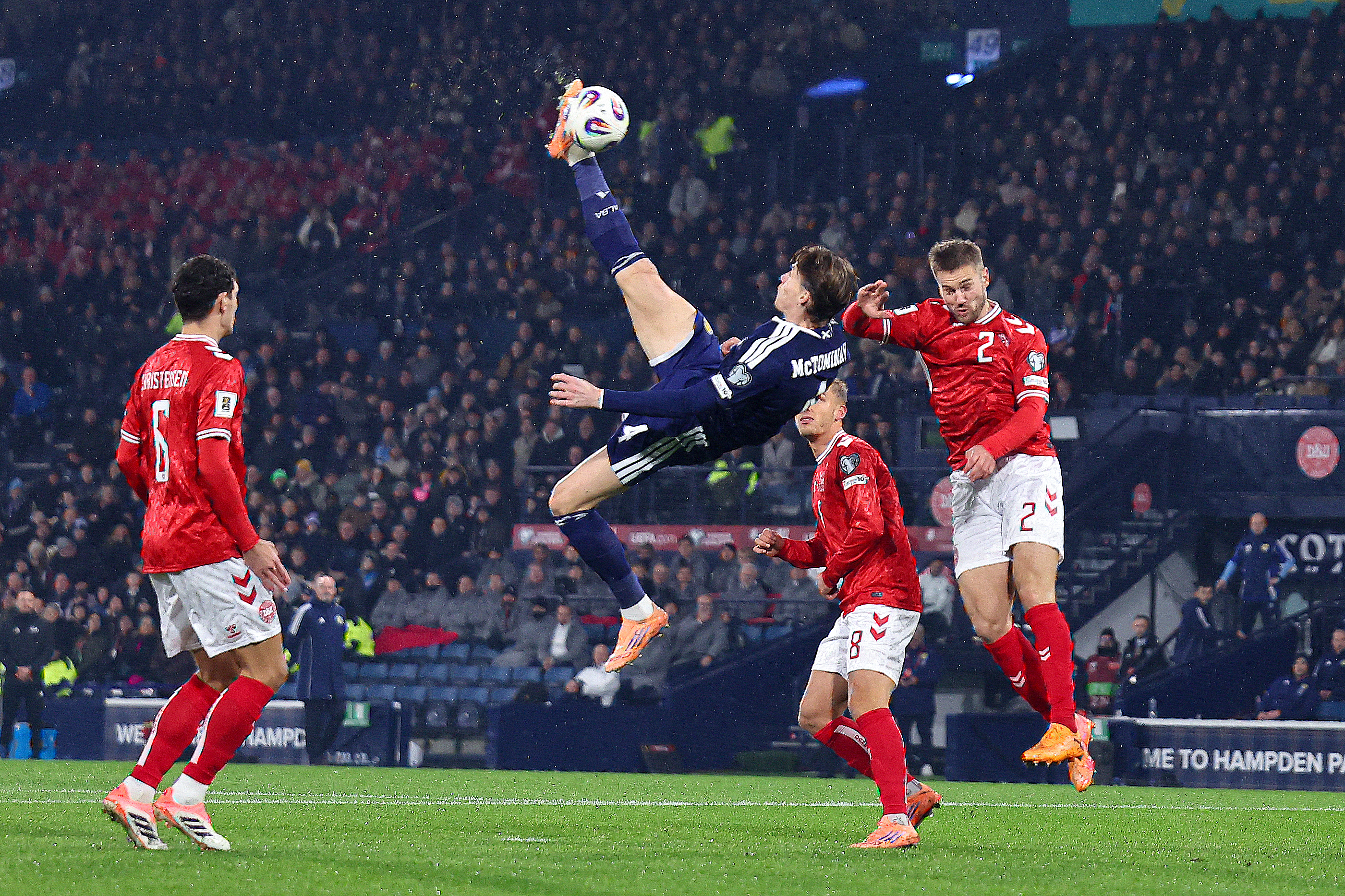 GLASGOW, SCOTLAND - NOVEMBER 18: Scott McTominay of Scotland scores a goal to make it 1-0 during the FIFA World Cup 2026 qualifier match between Scotland and Denmark at Hampden Park on November 18, 2025 in Glasgow, Scotland. (Photo by Robbie Jay Barratt - AMA/Getty Images)