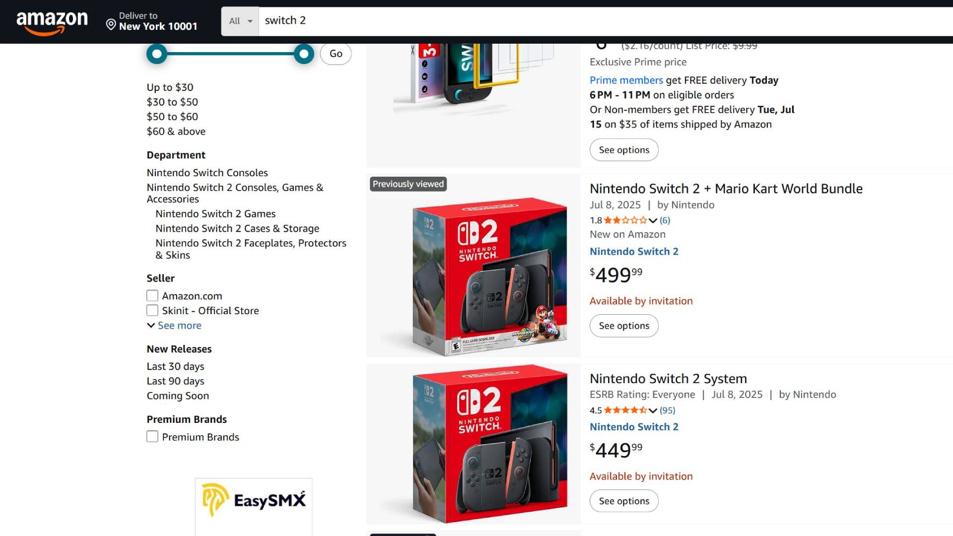 Amazon search for Switch 2 with invite pages showing on list.
