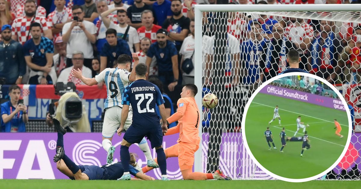 Julian Alvarez of Argentina scores the team&#039;s second goal past Dominik Livakovic of Croatia during the FIFA World Cup Qatar 2022 semi final match between Argentina and Croatia at Lusail Stadium on December 13, 2022 in Lusail City, Qatar.