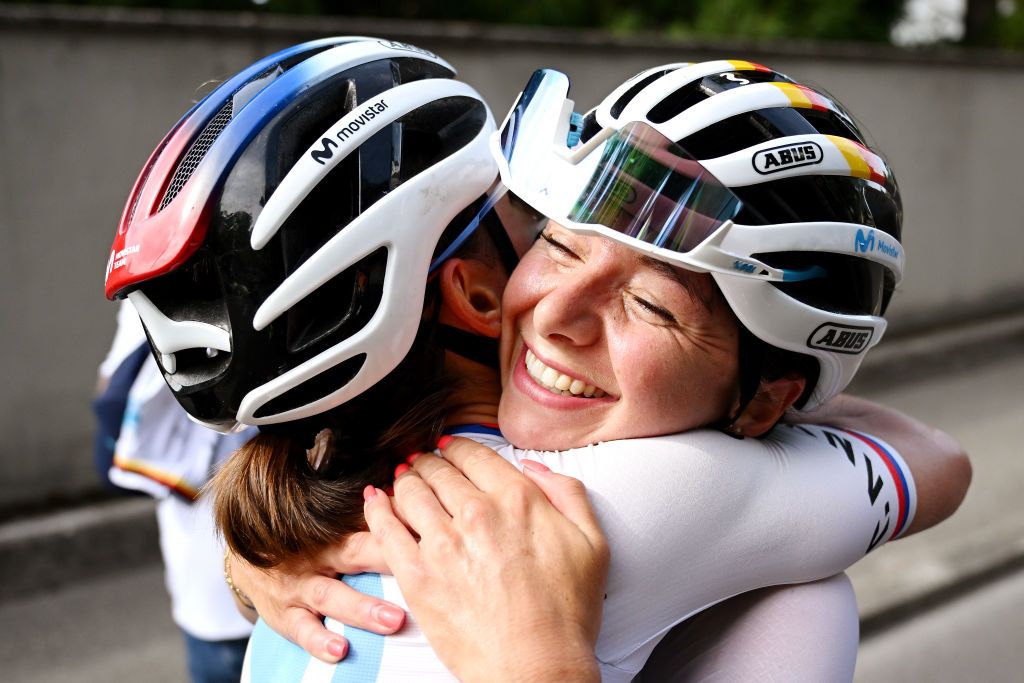 NYON SWITZERLAND SEPTEMBER 17 LR Jelena Eric of Serbia and stage winner Liane Lippert of Germany and Movistar Team react after the 2nd Tour de Romandie Feminin 2023 Stage 3 a 1108km stage from Vernier to Nyon UCIWWT on September 17 2023 in Nyon Switzerland Photo by Dario BelingheriGetty Images