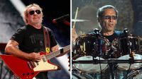 Sammy Hagar plays a red Explorer [left] in 2025; Alex Van Halen in action behind the kit during a Van Halen show in 2015.