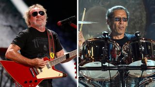 Sammy Hagar plays a red Explorer [left] in 2025; Alex Van Halen in action behind the kit during a Van Halen show in 2015.