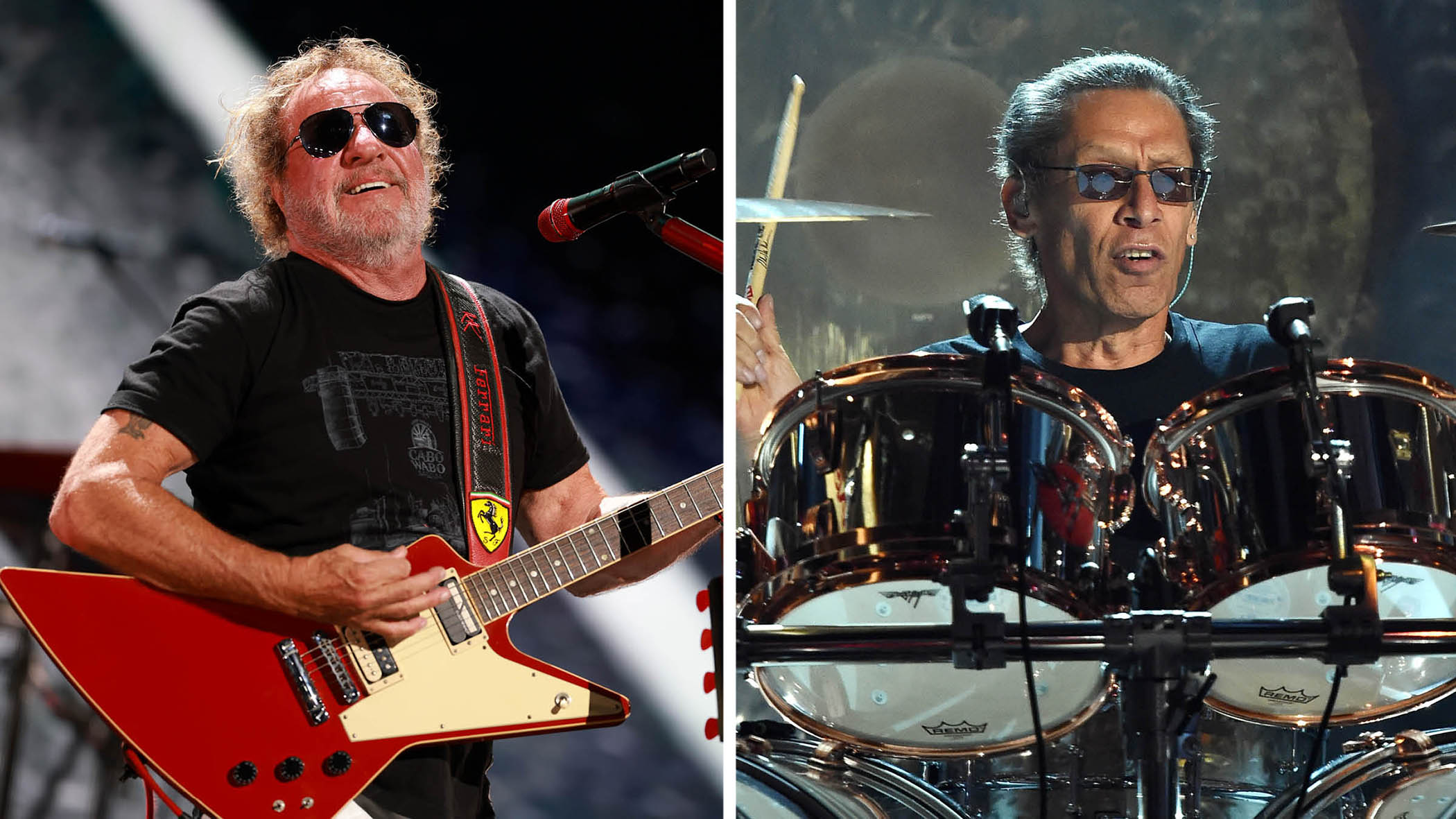 Sammy Hagar plays a red Explorer [left] in 2025; Alex Van Halen in action behind the kit during a Van Halen show in 2015.