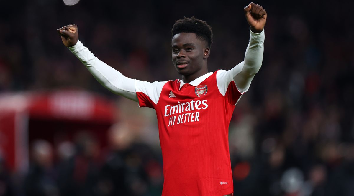 Arsenal forward Bukayo Saka celebrates after his team&#039;s victory in the Premier League match between Arsenal and Manchester United at the Emirates Stadium on 22 January, 2023 in London, United Kingdom.