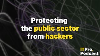 The words ‘Protecting the public sector from hackers’ overlaid on a lightly blurred, low saturation image of a squiggly line of energy representing cyber attacks and cyber chaos. Decorative: the words ‘public sector’ and ‘hackers’ are in yellow, while other words are in white. The ITPro podcast logo is in the bottom right corner.