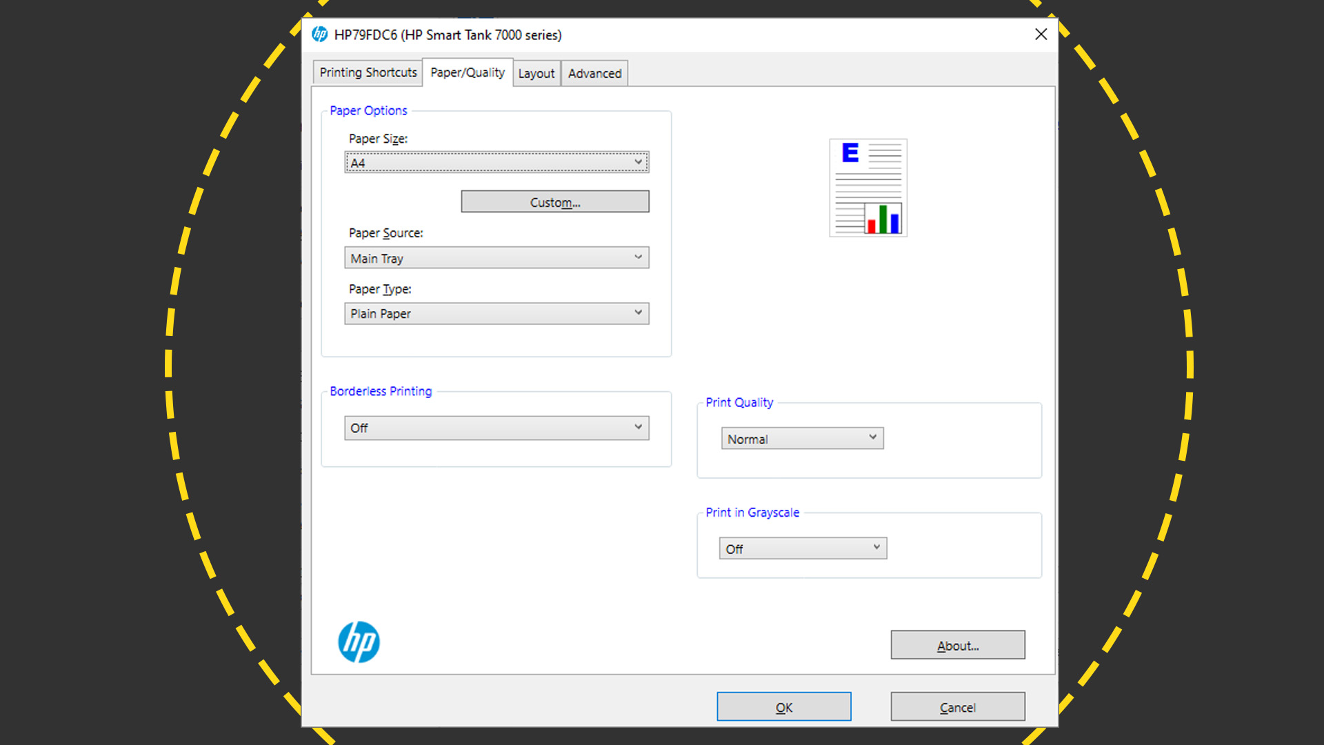 The print shortcut interface on the HP Smart Tank 7005